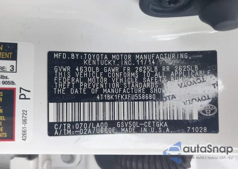 2015 Toyota Camry Xle V6 из США, поврежденный, VIN 4T1BK1FKXFU558680